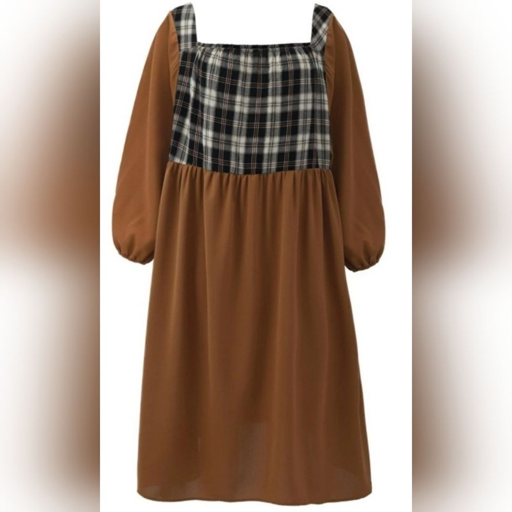 fall plaid patchwork long sleeve brown dress square neck women's xl